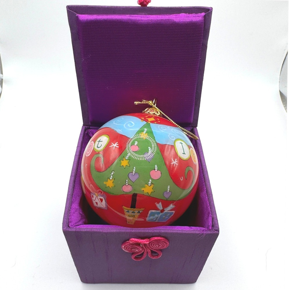 Pier 1 Li Bien Hand Painted Glass Christmas Ornament Snowman Tree w Box 2008